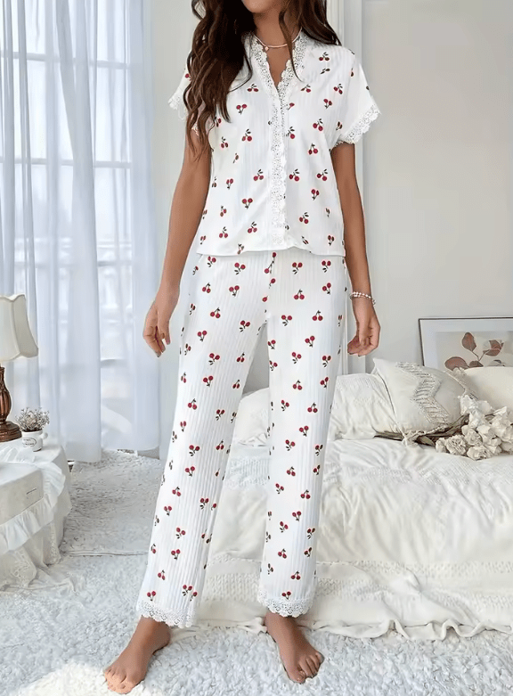 2025 Women’s Cherry Print Pajama Set – Summer V-Neck Slim Fit T-Shirt & Pants – 2-Piece Lightweight Loungewear Sleepwear
