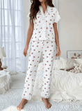 2025 Women’s Cherry Print Pajama Set – Summer V-Neck Slim Fit T-Shirt & Pants – 2-Piece Lightweight Loungewear Sleepwear