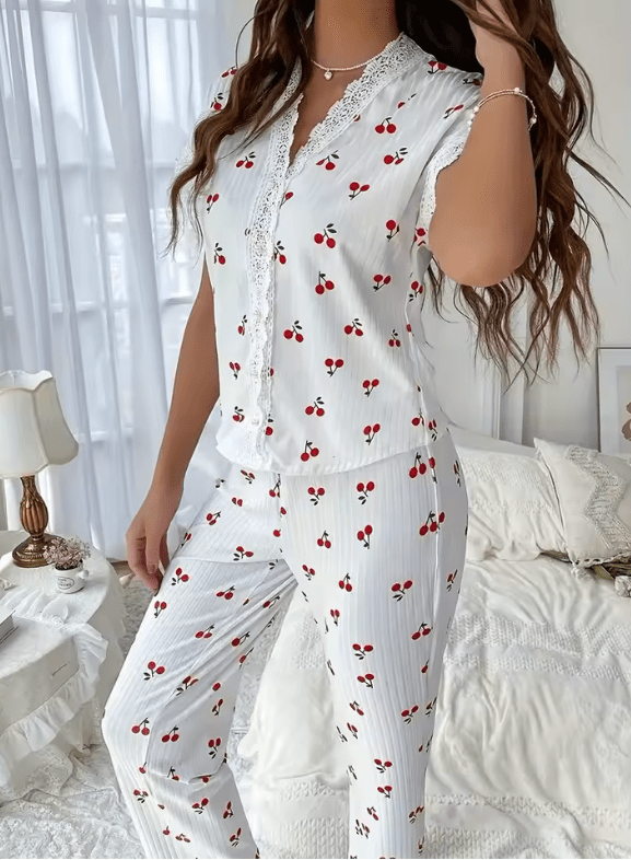 2025 Women’s Cherry Print Pajama Set – Summer V-Neck Slim Fit T-Shirt & Pants – 2-Piece Lightweight Loungewear Sleepwear