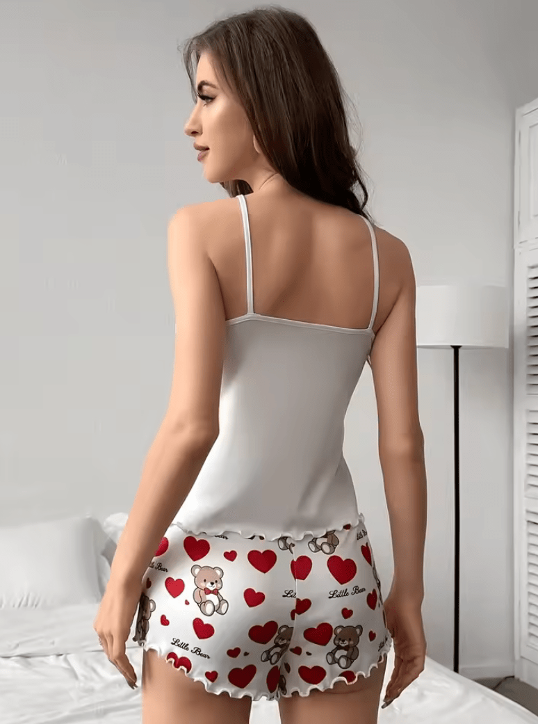 2025 Women’s Love Bear Print Pajama Set – Cute Crop Top & Shorts – 2-Piece Summer Sleepwear Loungewear Homewear Set