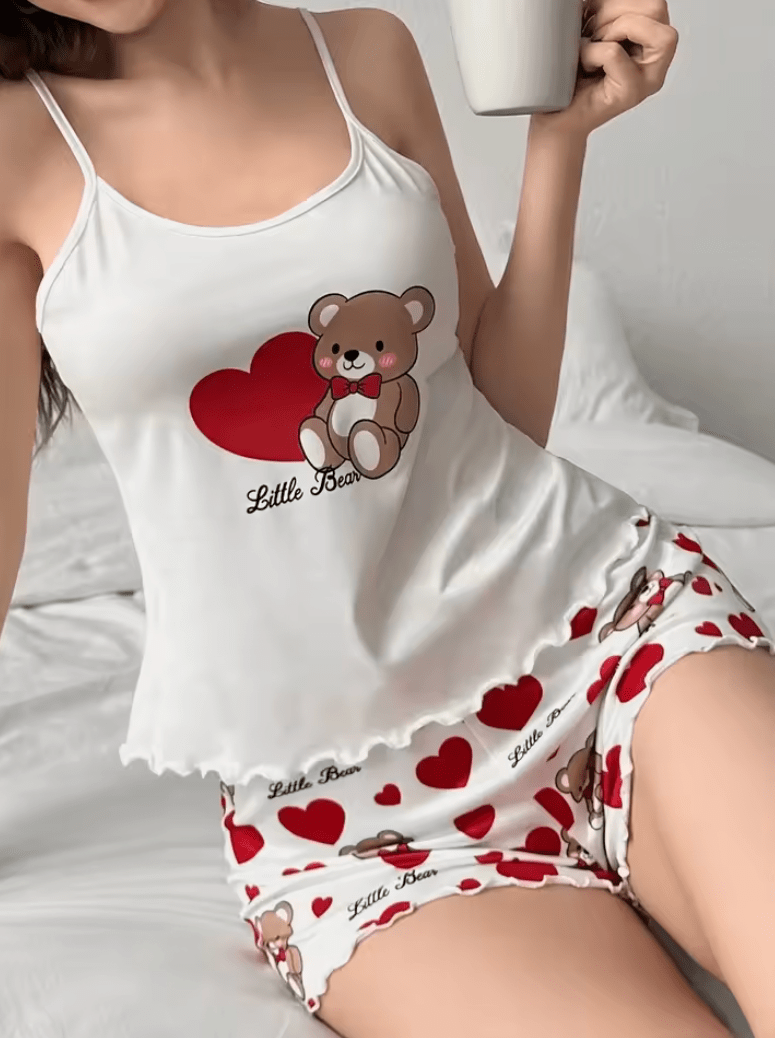 2025 Women’s Love Bear Print Pajama Set – Cute Crop Top & Shorts – 2-Piece Summer Sleepwear Loungewear Homewear Set