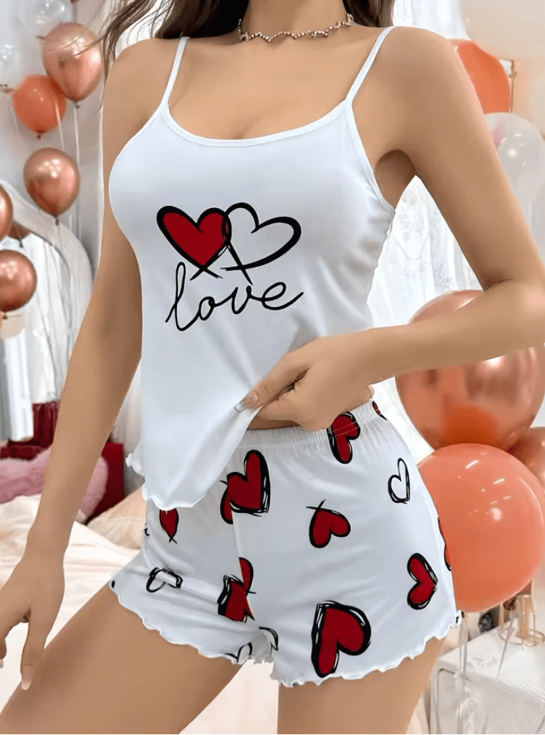 2025 Women’s Love Bear Print Pajama Set – Cute Crop Top & Shorts – 2-Piece Summer Sleepwear Loungewear Homewear Set