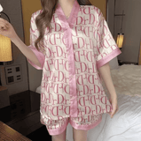 2025 Plus Size Women’s Satin Pajama Set – Cartoon Letter Print V-Neck Cardigan Top & Shorts – 2-Piece Nightwear Homewear Set