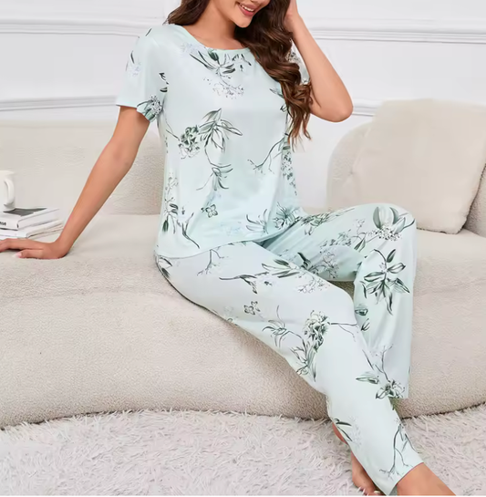 2025 Women’s Heart Print Pajama Set – Casual Short Sleeve T-Shirt & Pants – 2-Piece Sleepwear Loungewear Nightwear Set
