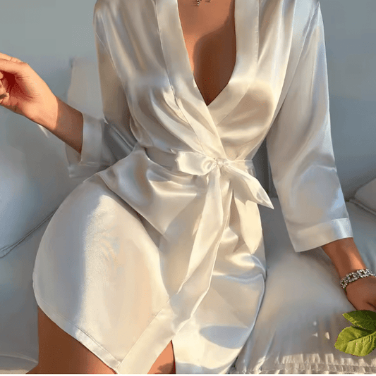 Women’s Short Satin Robe – Lightweight Silk-Like Summer Bathrobe with Lace-Up Waist – Sexy Solid Color Loungewear & Pajamas