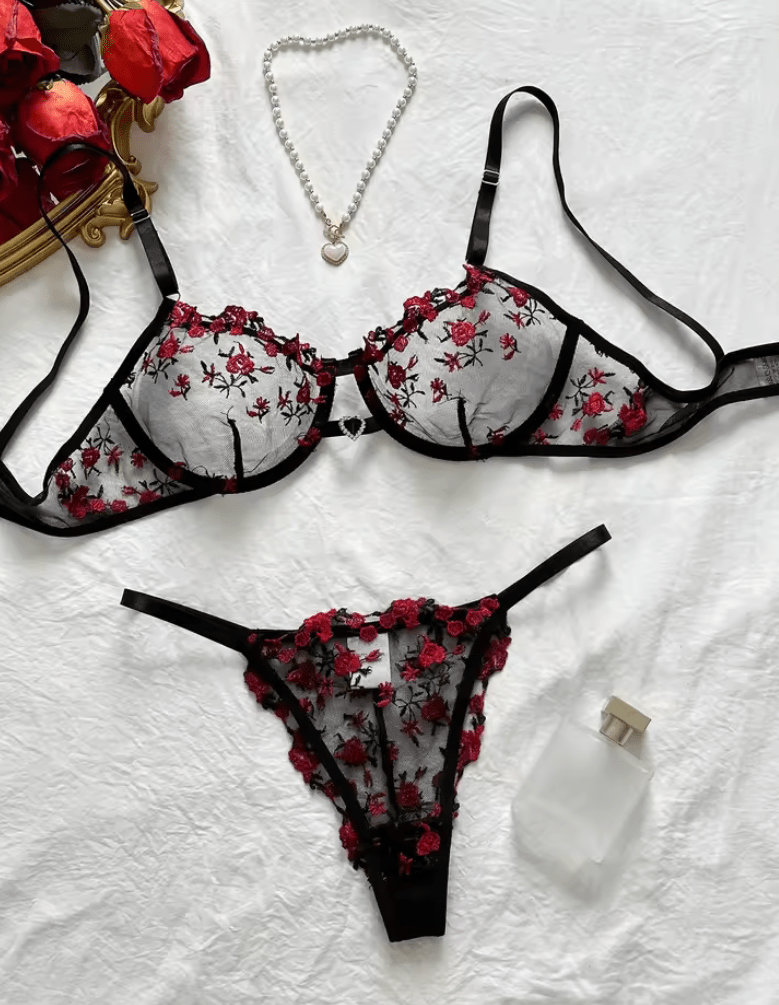 Women’s Sexy Floral Lingerie Set – Ultra-Thin Clubwear with Heart Rhinestone – Sheer 2-Piece Underwear Set