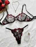 Women’s Sexy Floral Lingerie Set – Ultra-Thin Clubwear with Heart Rhinestone – Sheer 2-Piece Underwear Set