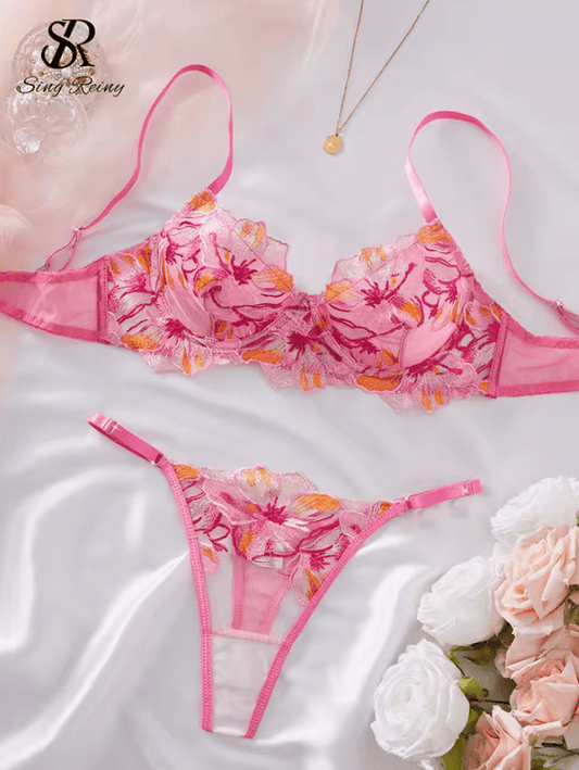 Women’s Transparent Floral Embroidery Bra Set – Sheer Strap Lingerie – Sensual 2-Piece Sleepwear Clubwear Underwear