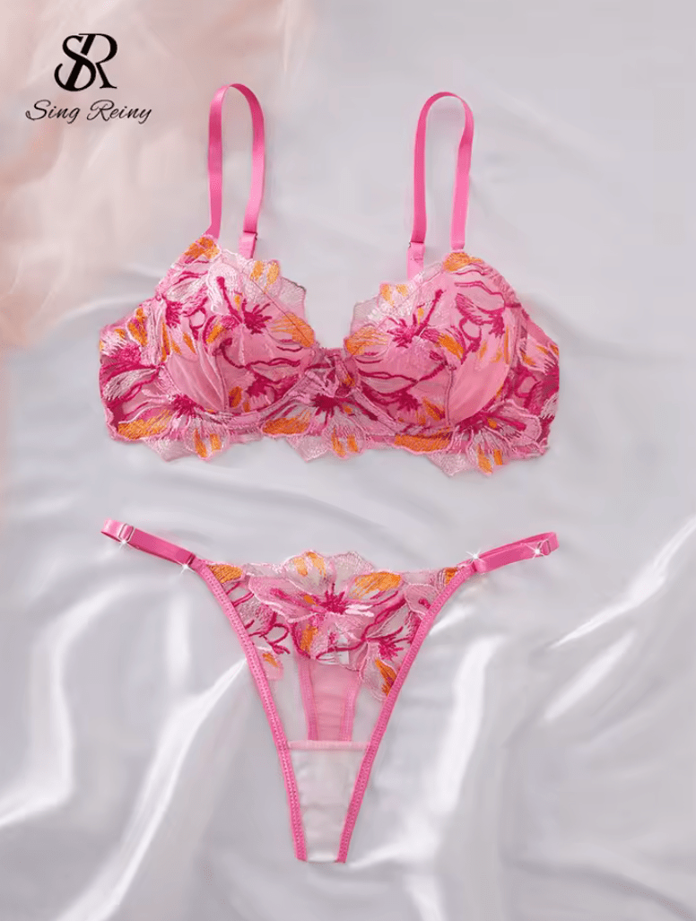 Women’s Transparent Floral Embroidery Bra Set – Sheer Strap Lingerie – Sensual 2-Piece Sleepwear Clubwear Underwear