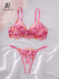 Women’s Transparent Floral Embroidery Bra Set – Sheer Strap Lingerie – Sensual 2-Piece Sleepwear Clubwear Underwear