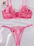 Women’s Transparent Floral Embroidery Bra Set – Sheer Strap Lingerie – Sensual 2-Piece Sleepwear Clubwear Underwear