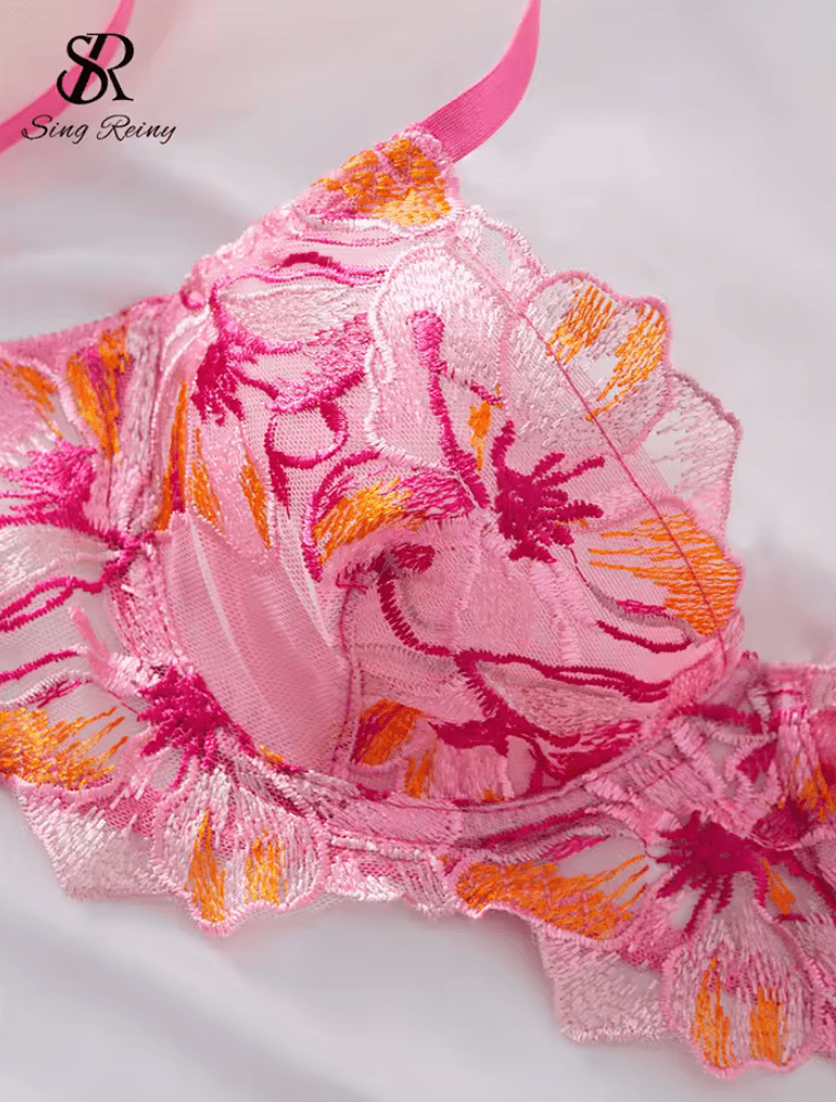 Women’s Transparent Floral Embroidery Bra Set – Sheer Strap Lingerie – Sensual 2-Piece Sleepwear Clubwear Underwear