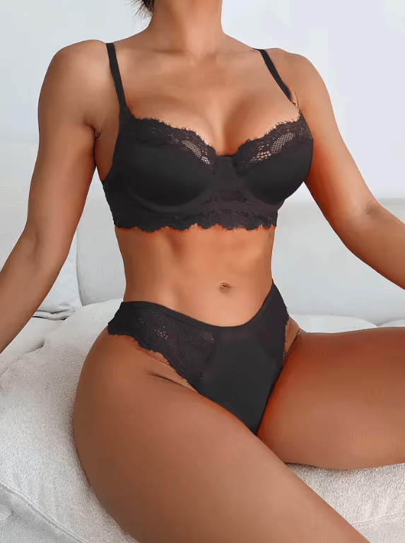 2025 Women’s Sexy Lace Strappy Lingerie Set – Underwire Non-Padded Bra & Brazilian Briefs – Fancy Eyelash Lace Underwear