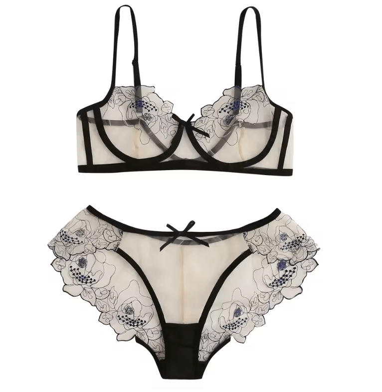 Women’s Sexy Floral Lace Mesh Lingerie Set – 2-Piece Transparent Bra and Panty – Exotic Sleepwear Pajama Outfit
