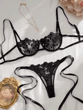 Women’s Floral Embroidery Lingerie Set – Sheer Bra and Brief Panty – Satin Sexy Intimate Underwear