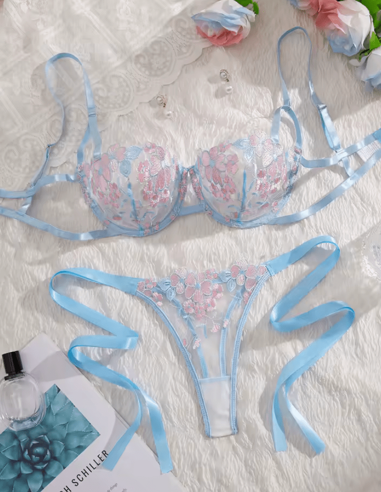 Women’s Floral Embroidery Lingerie Set – Sheer Bra and Brief Panty – Satin Sexy Intimate Underwear