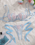 Women’s Floral Embroidery Lingerie Set – Sheer Bra and Brief Panty – Satin Sexy Intimate Underwear