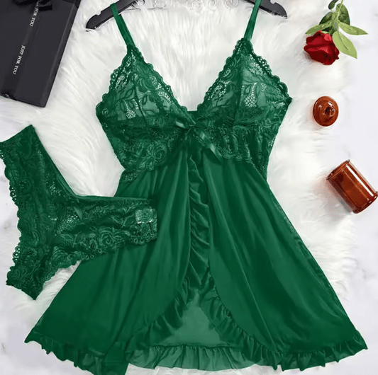 2-Piece Lace Nightgown Set for Women – Green Transparent Split Nightdress with V-Neck Bra & Panty – Sexy Homewear Nighttime Pajamas
