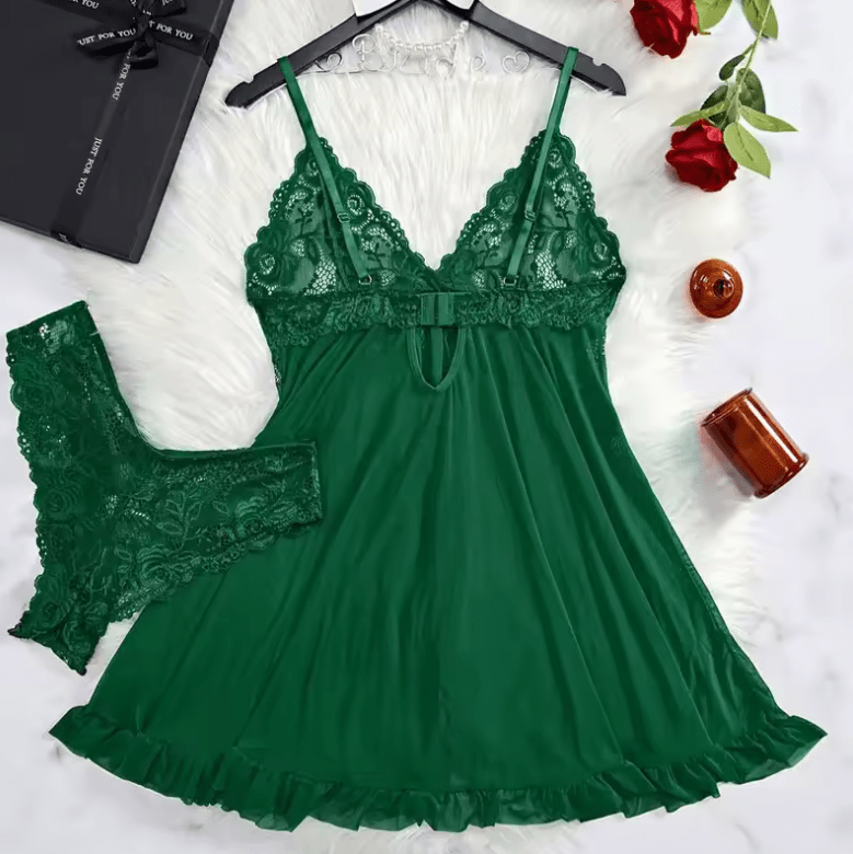 2-Piece Lace Nightgown Set for Women – Green Transparent Split Nightdress with V-Neck Bra & Panty – Sexy Homewear Nighttime Pajamas