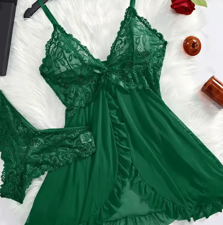 2-Piece Lace Nightgown Set for Women – Green Transparent Split Nightdress with V-Neck Bra & Panty – Sexy Homewear Nighttime Pajamas