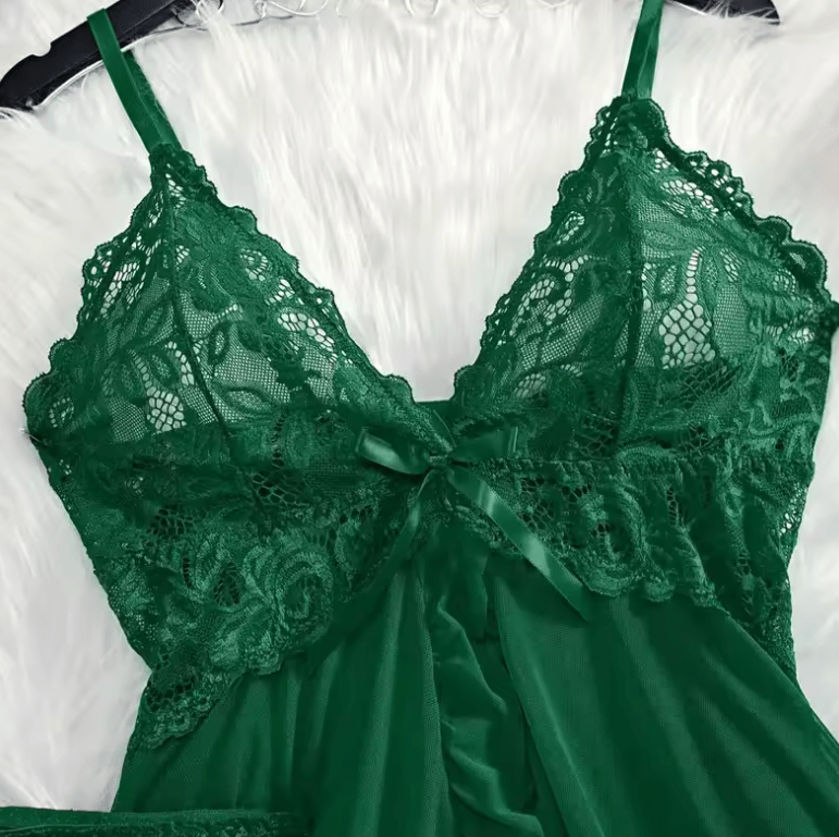 2-Piece Lace Nightgown Set for Women – Green Transparent Split Nightdress with V-Neck Bra & Panty – Sexy Homewear Nighttime Pajamas