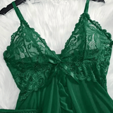 2-Piece Lace Nightgown Set for Women – Green Transparent Split Nightdress with V-Neck Bra & Panty – Sexy Homewear Nighttime Pajamas