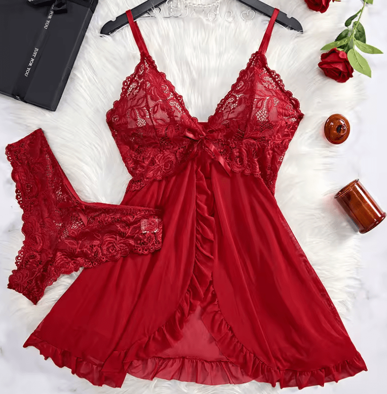 2-Piece Lace Nightgown Set for Women – Green Transparent Split Nightdress with V-Neck Bra & Panty – Sexy Homewear Nighttime Pajamas