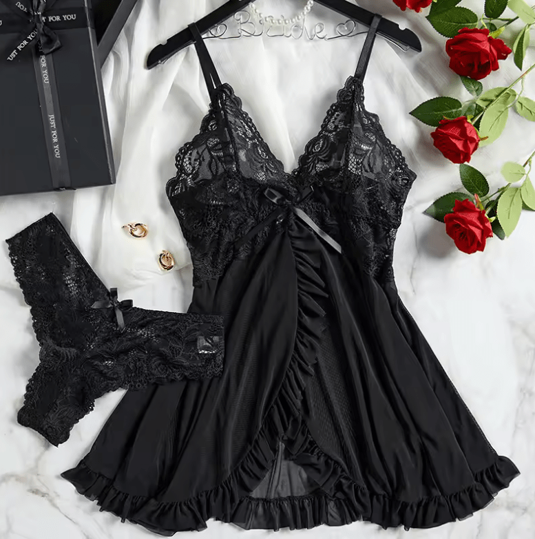 2-Piece Lace Nightgown Set for Women – Green Transparent Split Nightdress with V-Neck Bra & Panty – Sexy Homewear Nighttime Pajamas