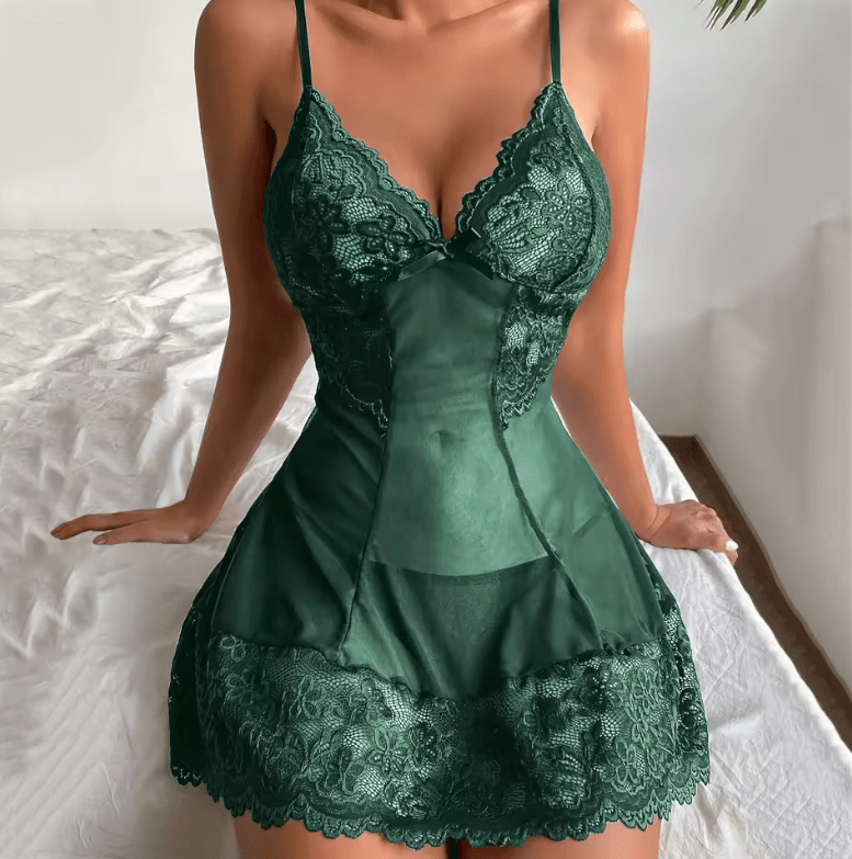 Women’s Sexy Lace Nightdress – V-Neck Chemise Sleepwear with Bow Detail – Full Slip Babydoll Lingerie Sleep Dress