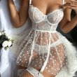 Sexy Mesh Lace Lingerie Set for Women – Transparent Babydoll Teddy with Bra, Thong & Garter – Erotic Underwear Nightwear