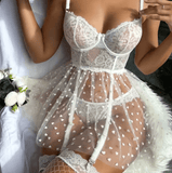 Sexy Mesh Lace Lingerie Set for Women – Transparent Babydoll Teddy with Bra, Thong & Garter – Erotic Underwear Nightwear