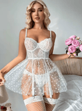 Sexy Mesh Lace Lingerie Set for Women – Transparent Babydoll Teddy with Bra, Thong & Garter – Erotic Underwear Nightwear