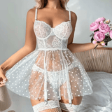 Sexy Mesh Lace Lingerie Set for Women – Transparent Babydoll Teddy with Bra, Thong & Garter – Erotic Underwear Nightwear