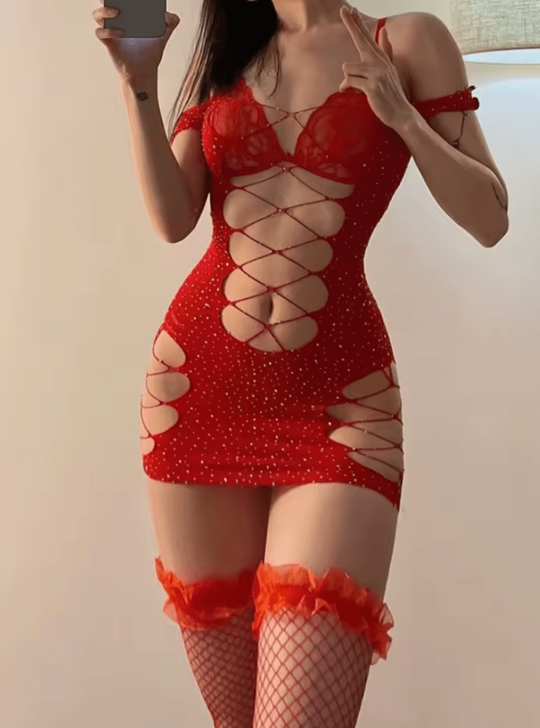 Sexy Fishnet Mini Dress for Women – Spaghetti Strap Bodycon Clubwear – See-Through Erotic Party Outfit