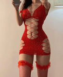 Sexy Fishnet Mini Dress for Women – Spaghetti Strap Bodycon Clubwear – See-Through Erotic Party Outfit