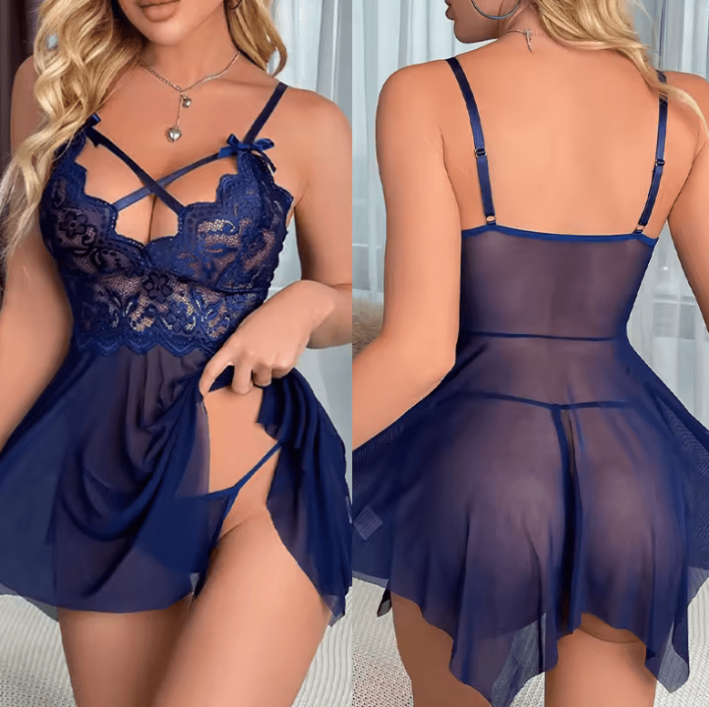 Sexy Lace Lingerie Sleepwear Set for Women – Mesh Babydoll Nightie Dress – Erotic Nightgown with G-String
