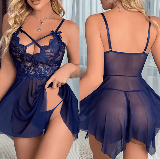 Sexy Lace Lingerie Sleepwear Set for Women – Mesh Babydoll Nightie Dress – Erotic Nightgown with G-String