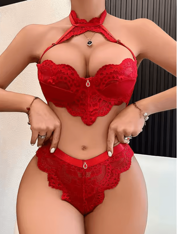 Toucheart Sexy Lace Lingerie Set for Women – Hollow-Out Mesh Patchwork Halter Underwear – See-Through Exotic Intimate Suit