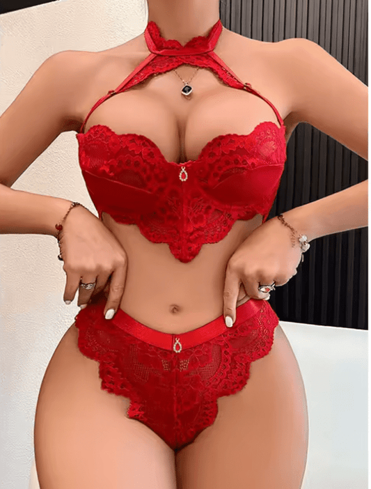 Toucheart Sexy Lace Lingerie Set for Women – Hollow-Out Mesh Patchwork Halter Underwear – See-Through Exotic Intimate Suit