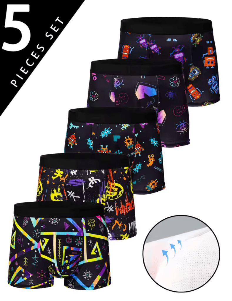 5-Pack Trendy Men’s Boxer Shorts – Graffiti, Pixel & Cyberpunk Print Underwear, Comfortable & Fashionable Casual Trunks