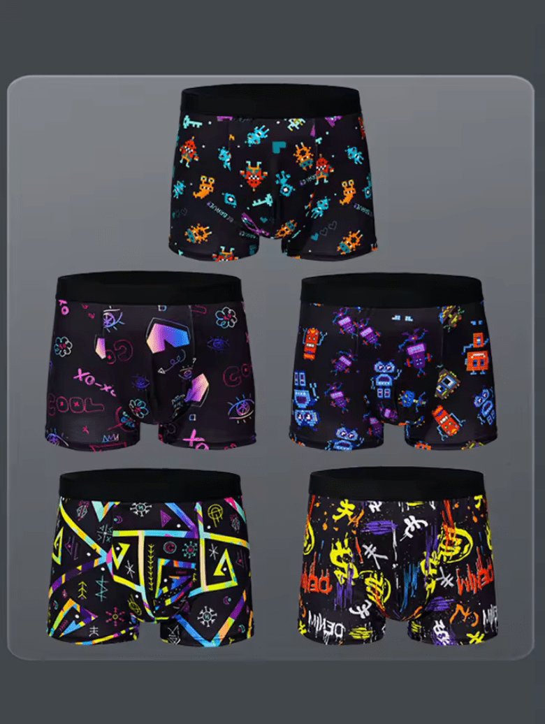 5-Pack Trendy Men’s Boxer Shorts – Graffiti, Pixel & Cyberpunk Print Underwear, Comfortable & Fashionable Casual Trunks