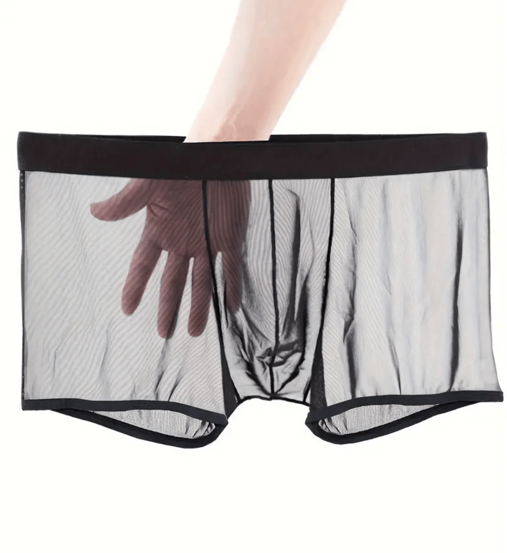 Men’s Sheer Ice Silk Boxer Briefs – Transparent Underwear with Bulge Pouch, Low-Rise Sexy Lingerie Panties, See-Through Breathable Bikini Shorts