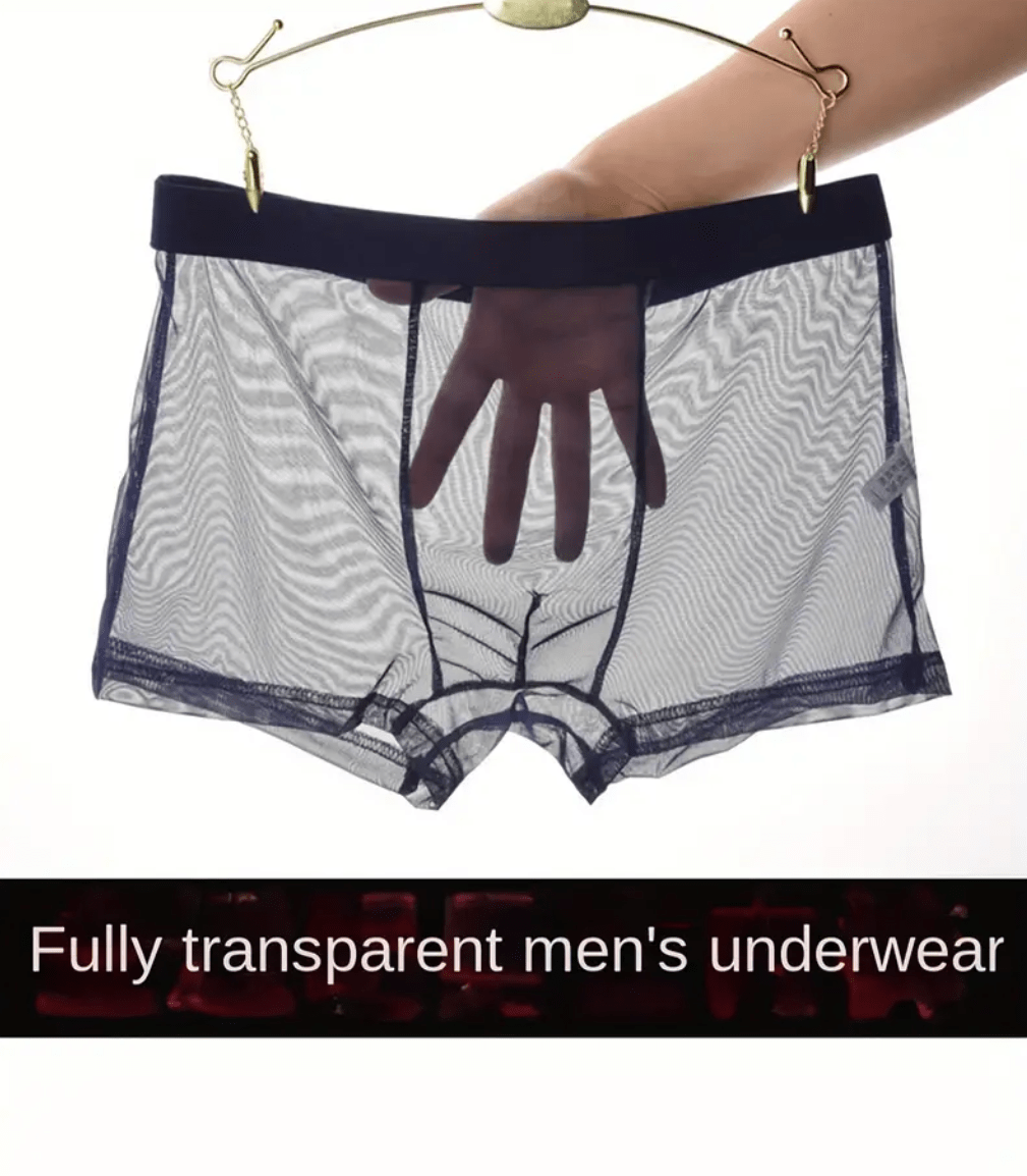 Men’s Sheer Ice Silk Boxer Briefs – Transparent Underwear with Bulge Pouch, Low-Rise Sexy Lingerie Panties, See-Through Breathable Bikini Shorts