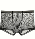 Men’s Sheer Ice Silk Boxer Briefs – Transparent Underwear with Bulge Pouch, Low-Rise Sexy Lingerie Panties, See-Through Breathable Bikini Shorts