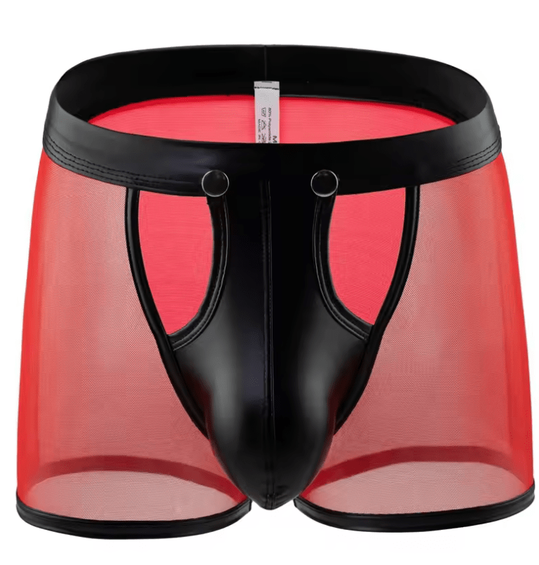 Men’s Transparent Mesh Boxer Shorts – Faux Leather Detachable Buckle Pouch Underwear, Sexy See-Through Panties, Low-Rise Cueca Calzoncillo Briefs