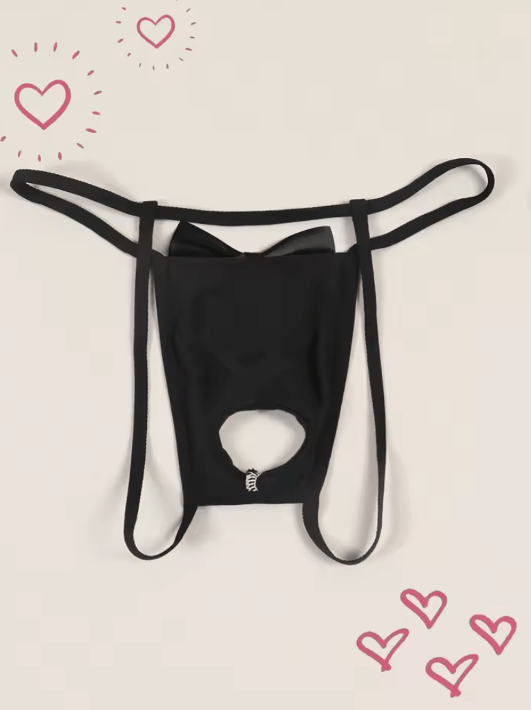 Men’s Sexy Thong with Rose & Letter Print – Hollow Out Underwear with Bow Decoration, Comfortable Low-Rise Underpanty Lingerie for Him