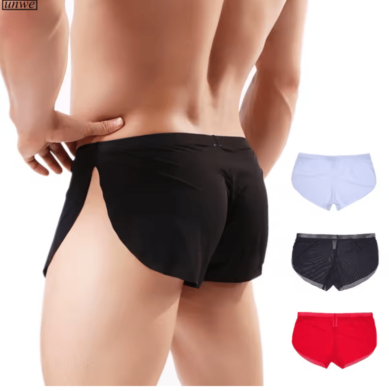 Men’s Thin Mesh Boxer Shorts – Transparent Split Design | Sexy Breathable Underwear | Solid Color Lightweight Male Underpants