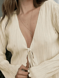 Women’s Pleated V-Neck Blouse – Tie-Up Cardigan Top with Flared Sleeves | Casual, Party & Streetwear Style