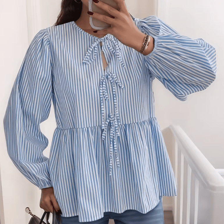 Chic Hollow Plaid Bow Shirt for Women – Long Sleeve European-Style Top for Spring/Summer