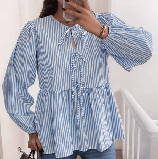 Chic Hollow Plaid Bow Shirt for Women – Long Sleeve European-Style Top for Spring/Summer